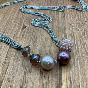 RMN (AVON) Lilac Purple Beads Multi Silver Tone Chain Stands Necklace